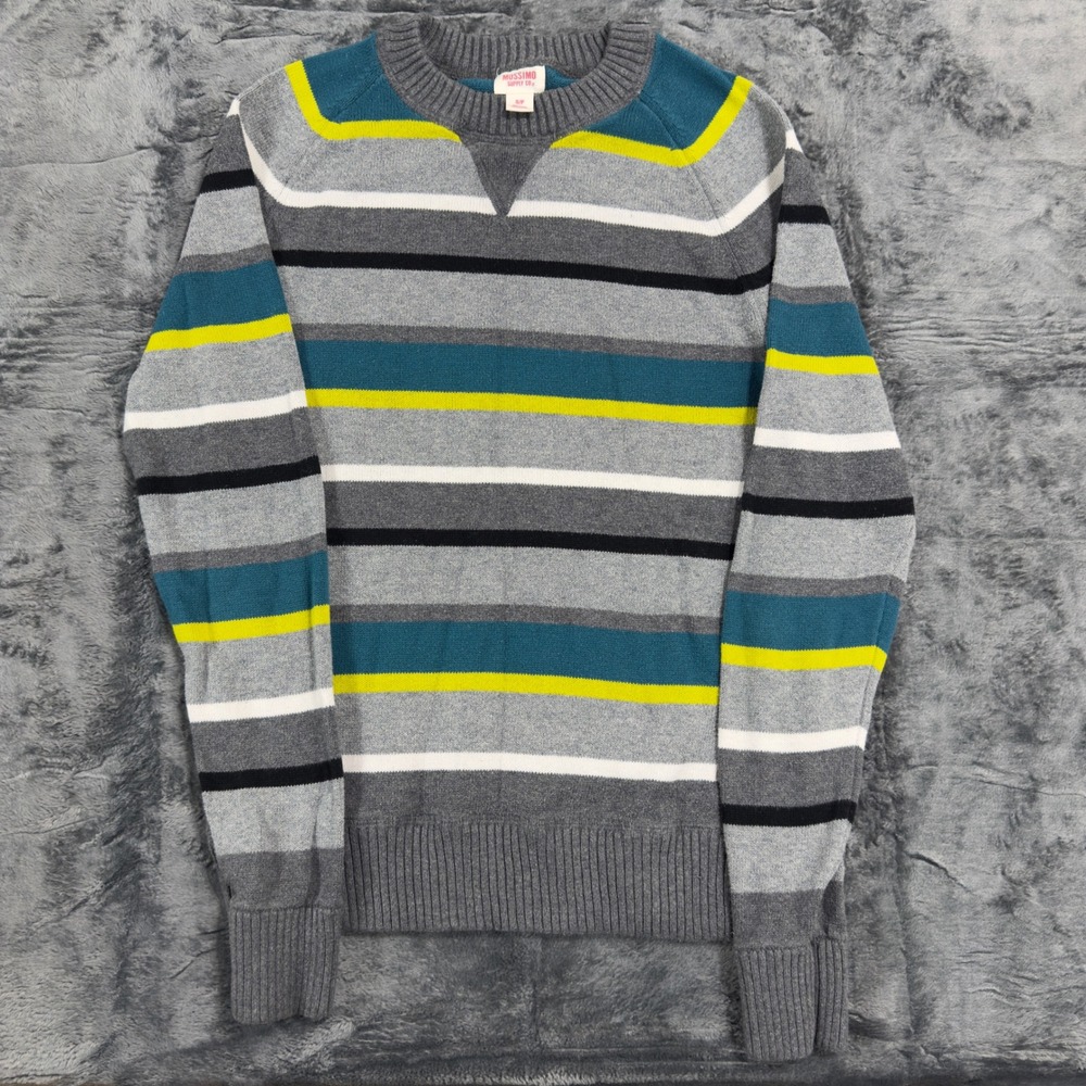 Mossimo Mens Small Striped Cotton Crewneck Sweater Grey Teal Neon Yellow